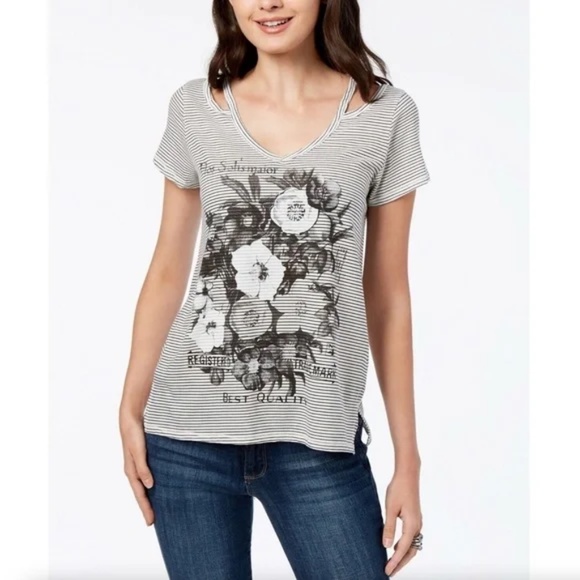 Lucky Brand Womens Flowers Printed Graphics V-Neck Cutout Tee Size Small - Picture 2 of 9